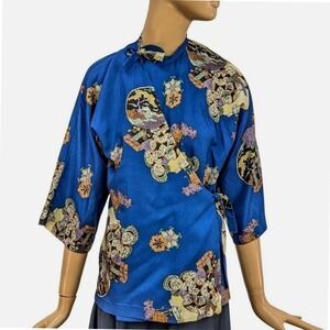 Vintage Manouche 70s Japanese Geisha Print Blue Mock Neck Blouse Kimono Sleeve
